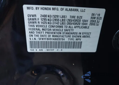 2019 Honda Passport Touring z USA, uszkodzony, nr VIN 5FNYF8H91KB028784